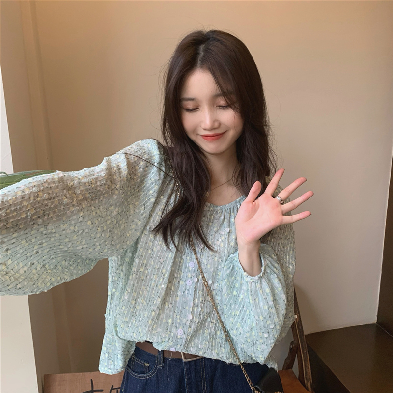 韓国風花柄シャツ長袖ブラウス上品ラウンドネック