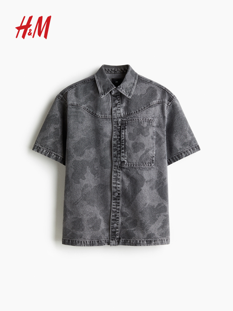 柄シャツ ヴィンテージ風デニム半袖シャツ