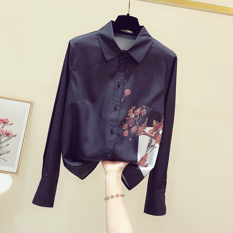 柄シャツ 花舞う枝模様シルクブラウス