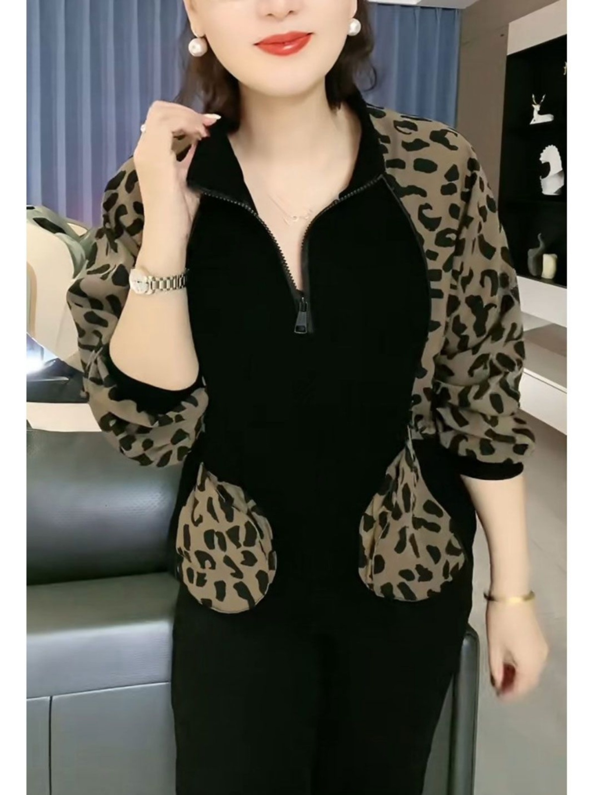 柄シャツ バイカラー切替ヒョウ柄ジップアップシャツ