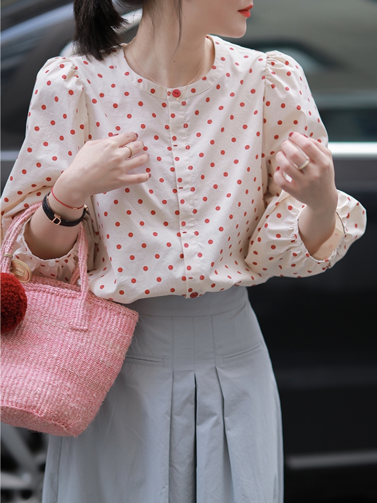 柄シャツ 優雅な水玉模様ラウンドネックシャツ