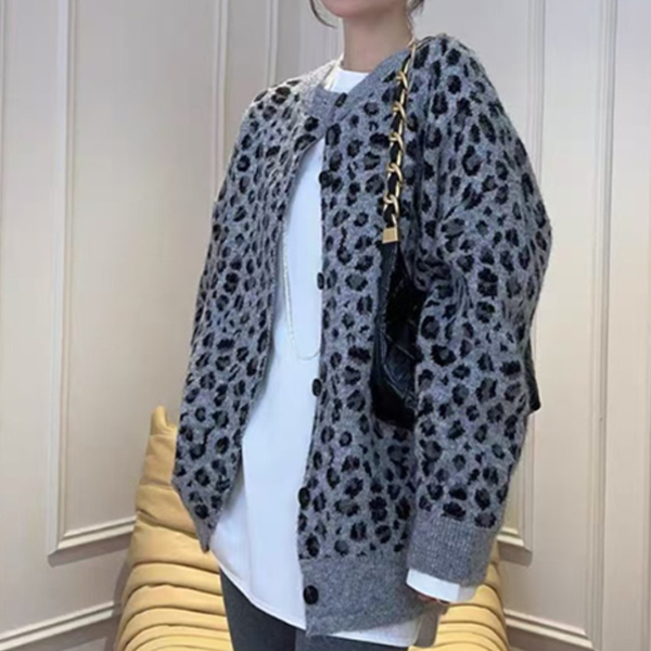 ヒョウ柄シャツ カーディガン ニット ボリューム袖 グレー