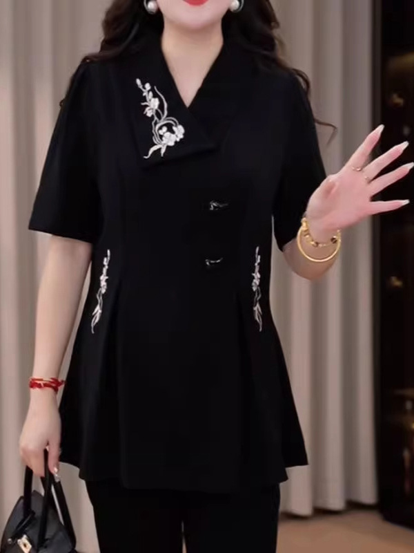 柄シャツ 花刺繍デザイン ショートブラウス