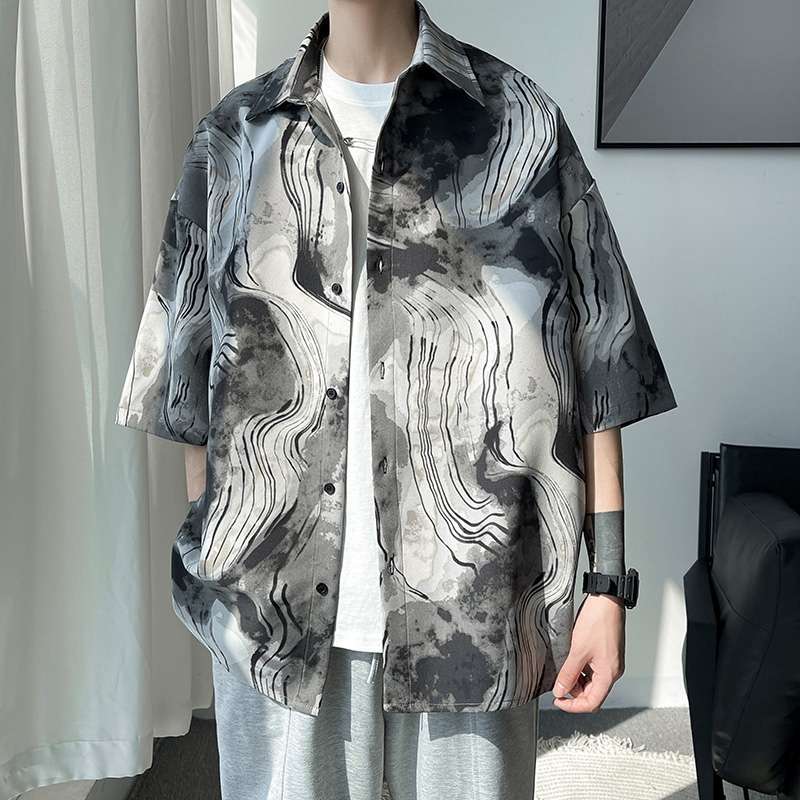 総柄シャツ マーブル波紋総柄半袖シャツ