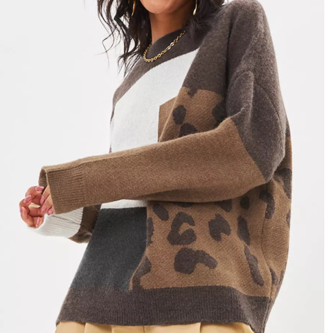 ヒョウ柄シャツ配色ニットセーター ドロップショルダープルオーバー