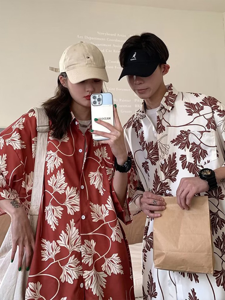 柄シャツ 葉脈デザイン風雅な半袖シャツ