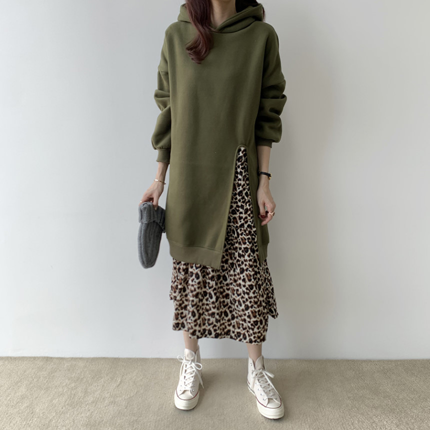 重ね着風ヒョウ柄シャツワンピース裏起毛