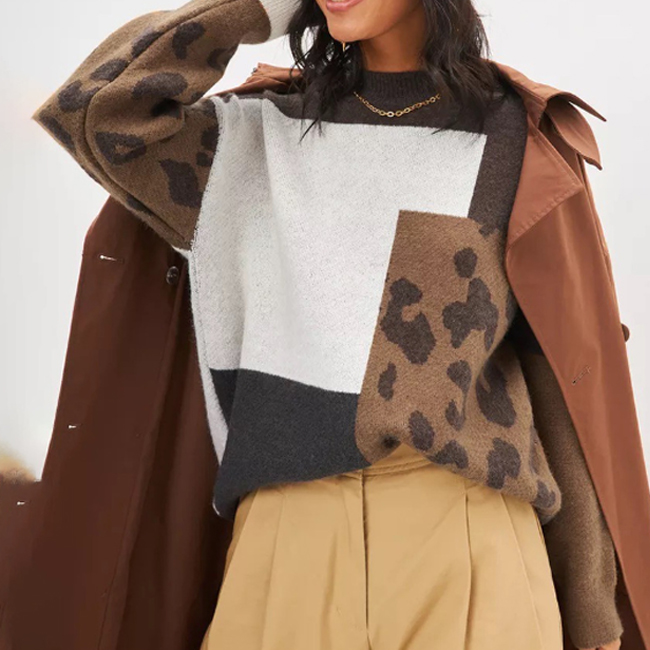 ヒョウ柄シャツ配色ニットセーター ドロップショルダープルオーバー