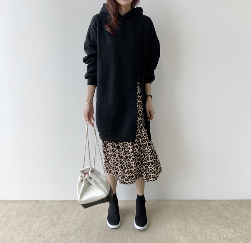 重ね着風ヒョウ柄シャツワンピース裏起毛