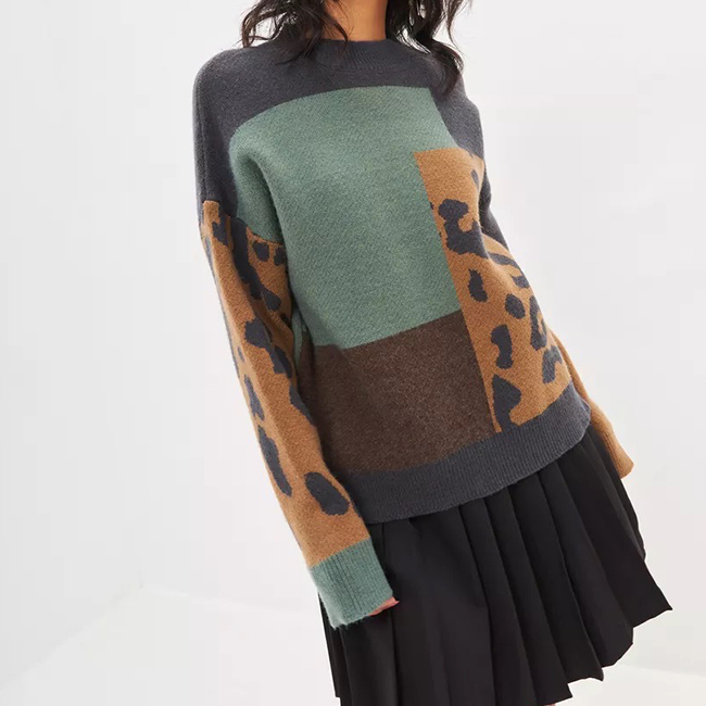 ヒョウ柄シャツ配色ニットセーター ドロップショルダープルオーバー