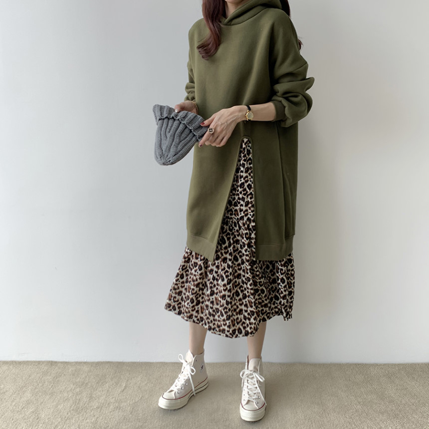 重ね着風ヒョウ柄シャツワンピース裏起毛