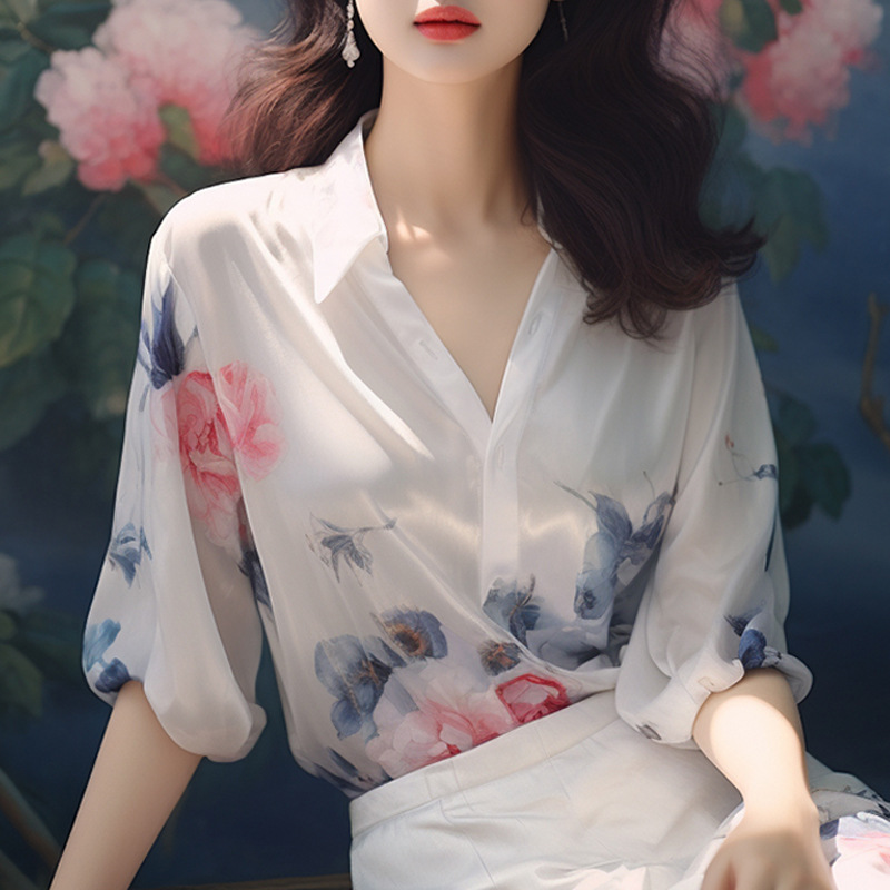 柄シャツ 花柄プリント 白地エレガントブラウス