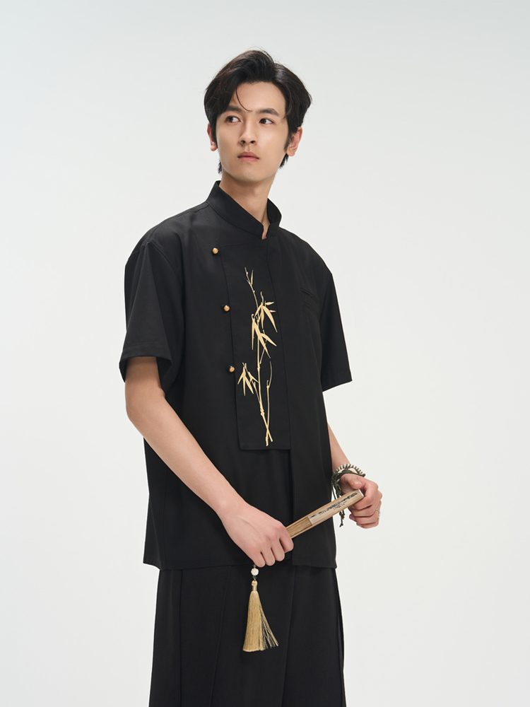 柄シャツ 竹刺繍入り立襟スタイリッシュシャツ