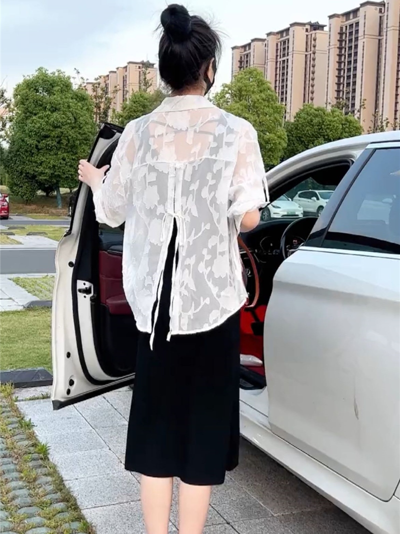 柄シャツ 花影レースバックリボンシャツ