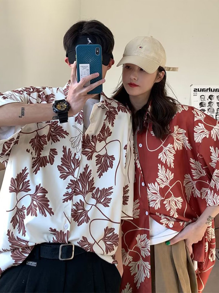 柄シャツ 葉脈デザイン風雅な半袖シャツ