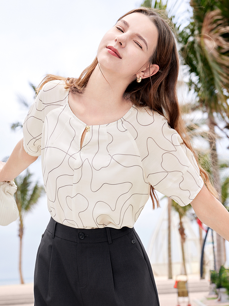 柄シャツ 優美曲線デザイン半袖ブラウス