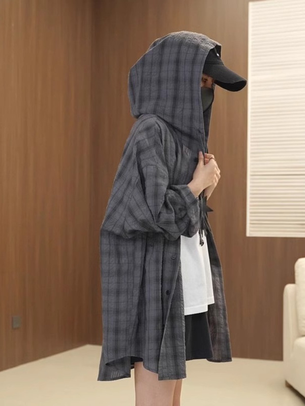 柄シャツ フード付きオーバーサイズチェック柄シャツ