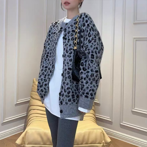 ヒョウ柄シャツ カーディガン ニット ボリューム袖 グレー