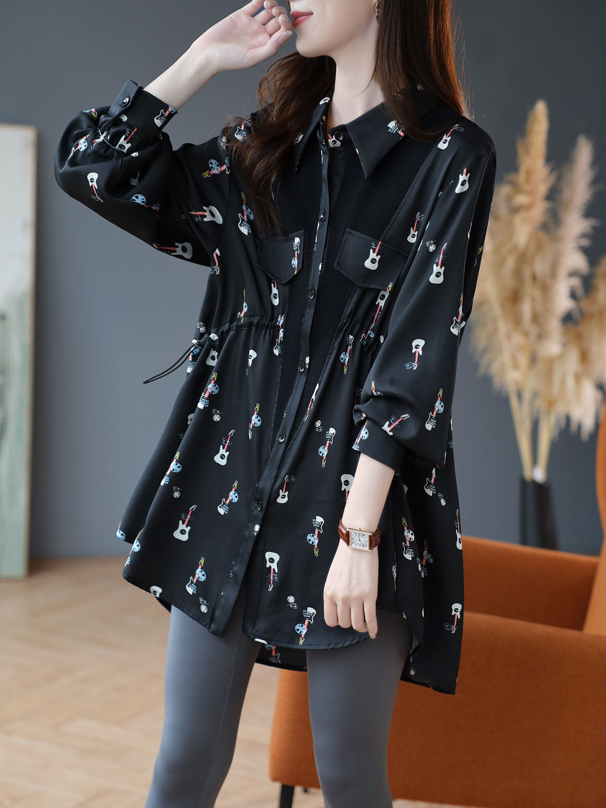 柄シャツ 柄シャツ 楽器模様のゆったりシャツ