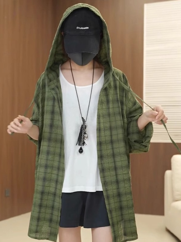 柄シャツ フード付きオーバーサイズチェック柄シャツ