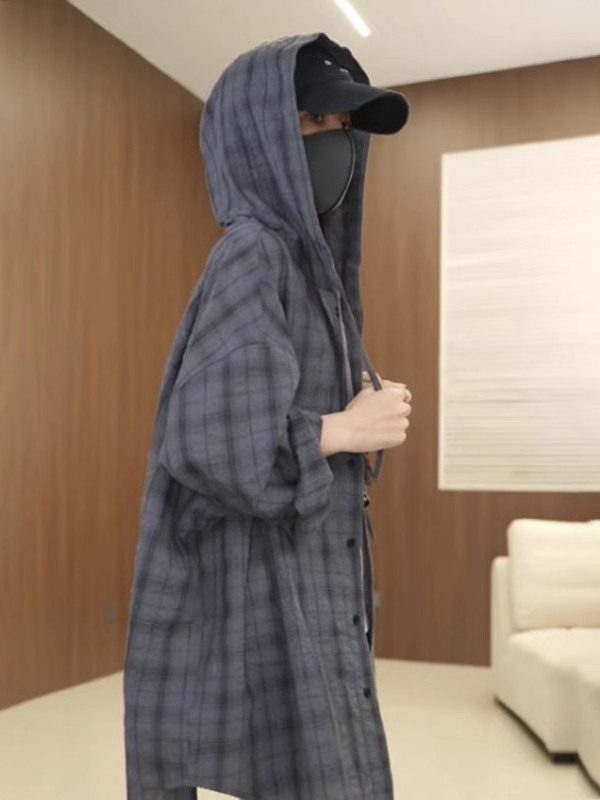 柄シャツ フード付きオーバーサイズチェック柄シャツ