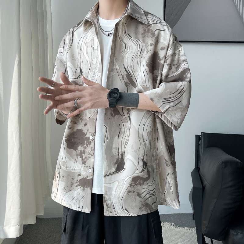 総柄シャツ マーブル波紋総柄半袖シャツ