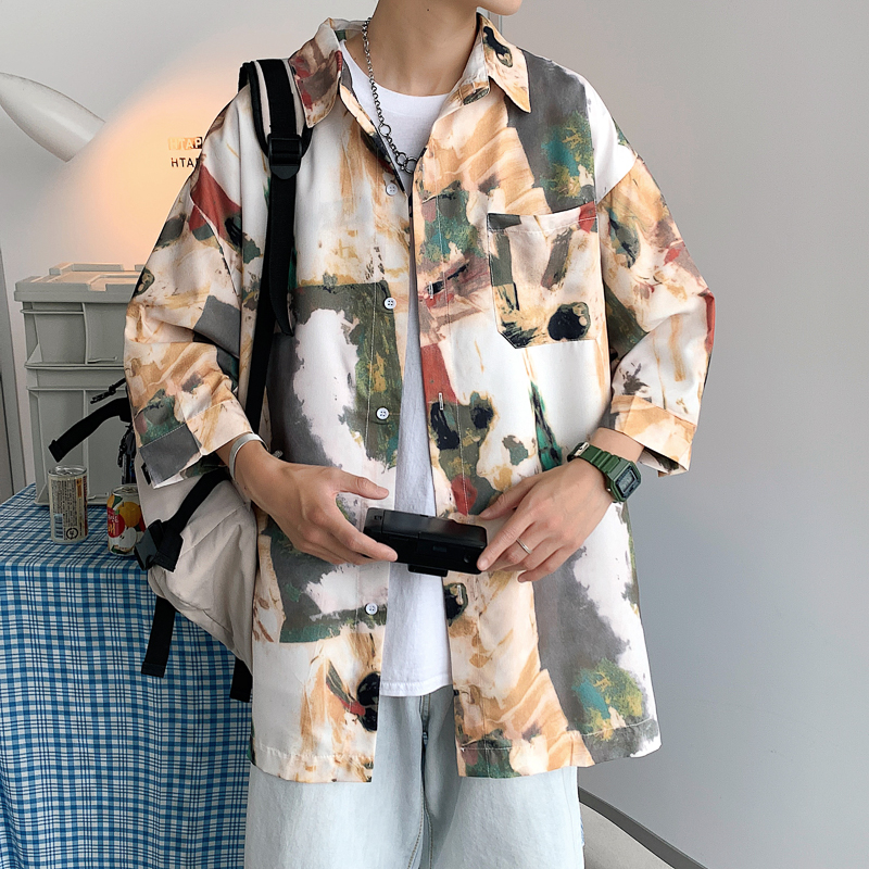 柄シャツ 水彩画風アートシャツ