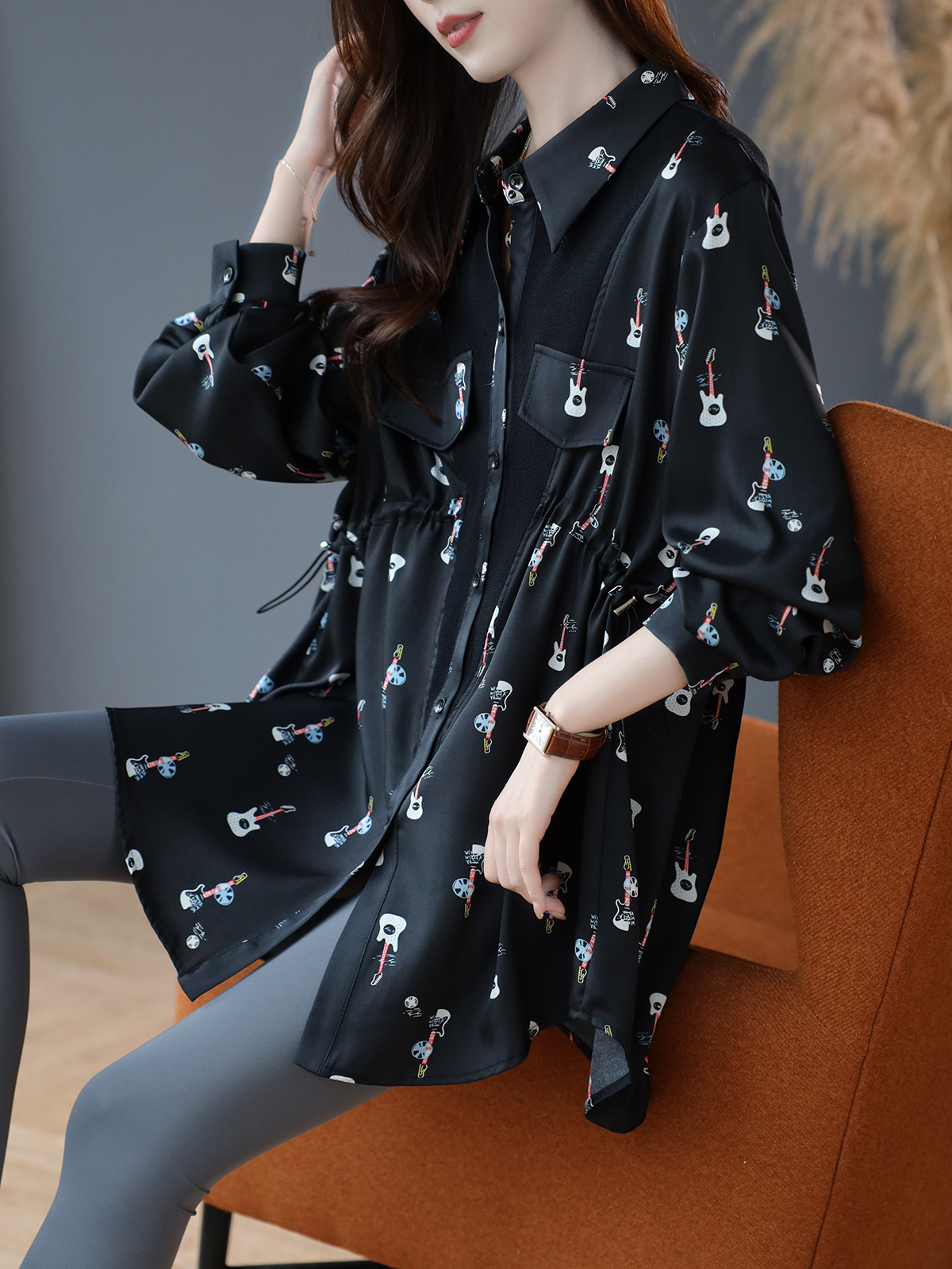 柄シャツ 柄シャツ 楽器模様のゆったりシャツ