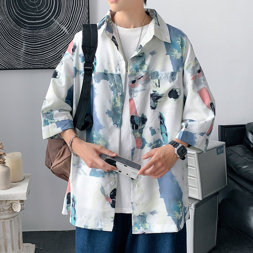 柄シャツ 水彩画風アートシャツ