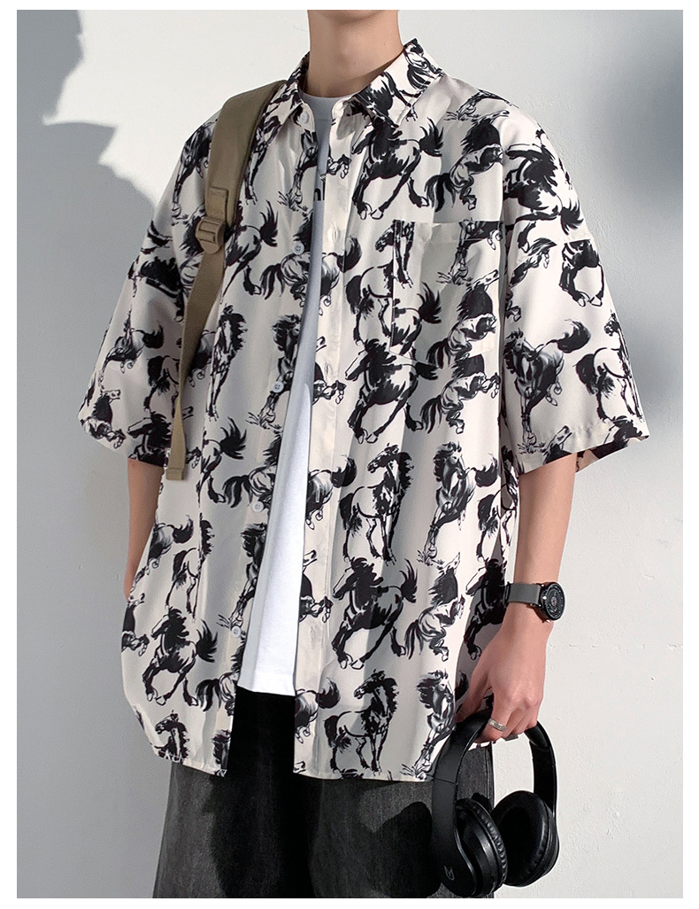 柄シャツ 和風龍柄総柄開襟五分袖シャツ