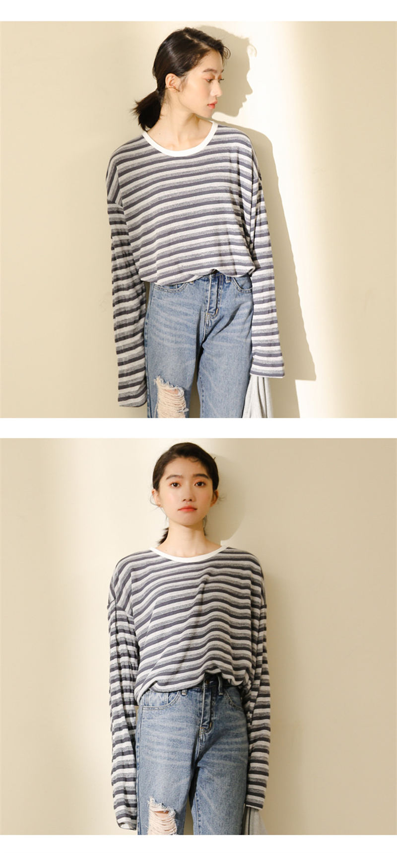 韓国風おしゃれ白柄シャツ カジュアルボーダートップス