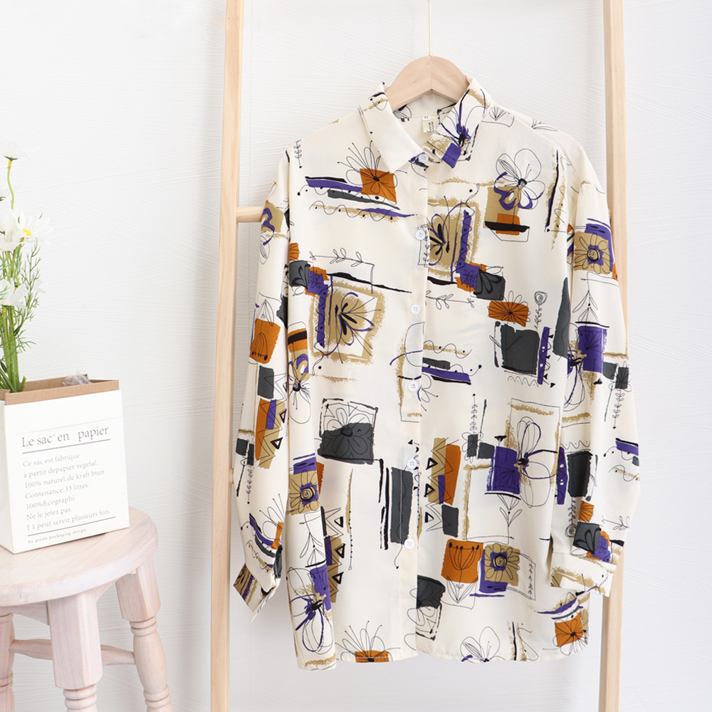 アート風総柄シャツ ゆったり長袖ブラウス