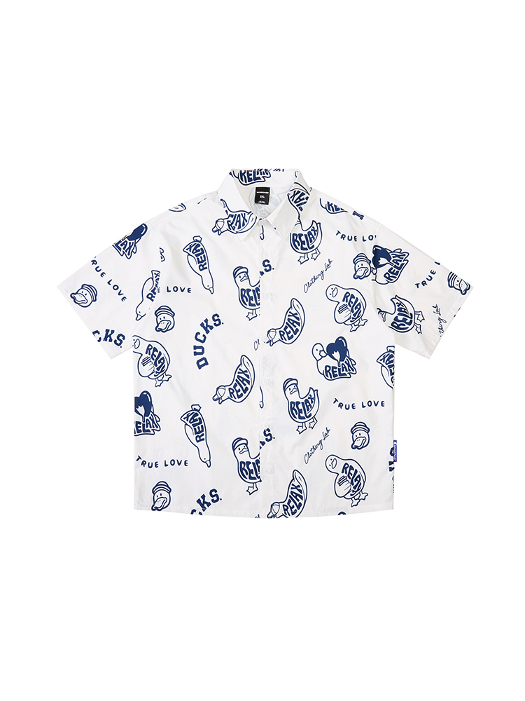 柄シャツ 文字とイラスト散りばめ総柄シャツ