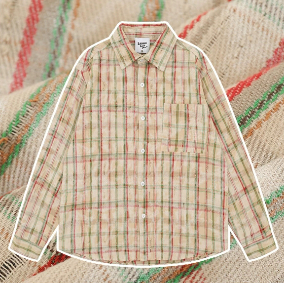 柄シャツ ダメージ加工チェック柄長袖シャツ男女兼用