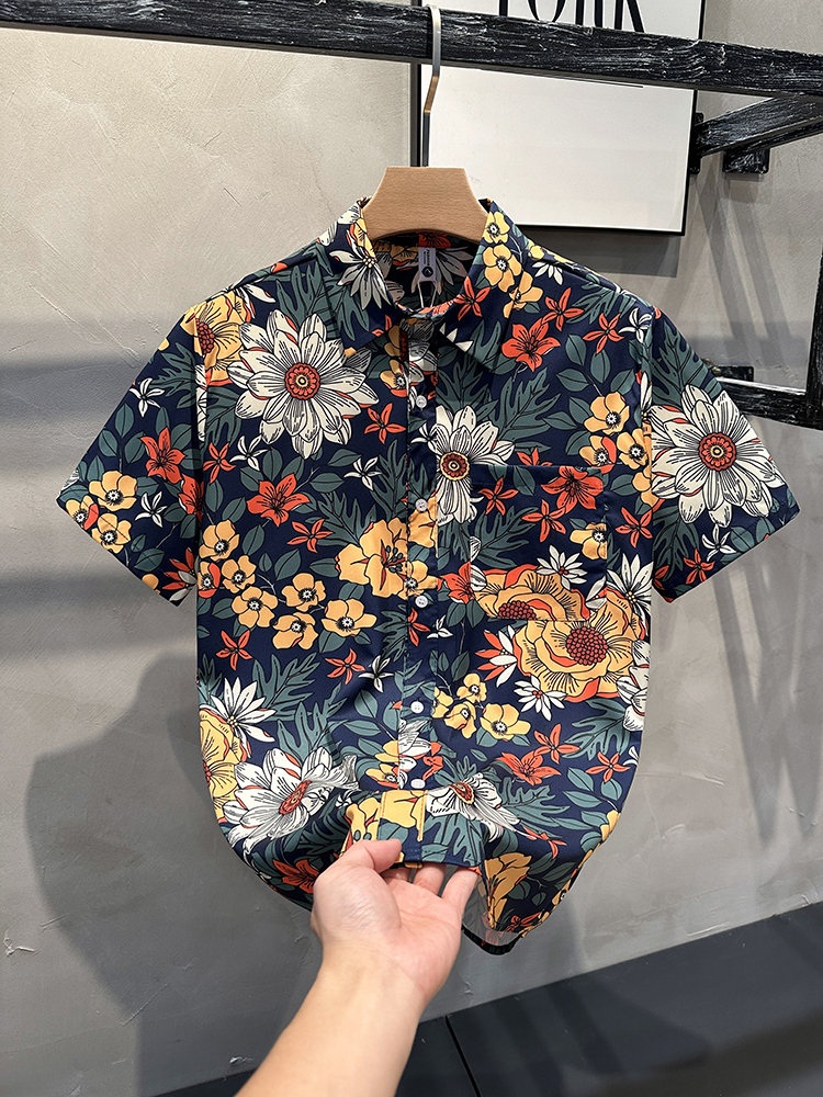 柄シャツ 華やか菊花ボタニカル半袖シャツ