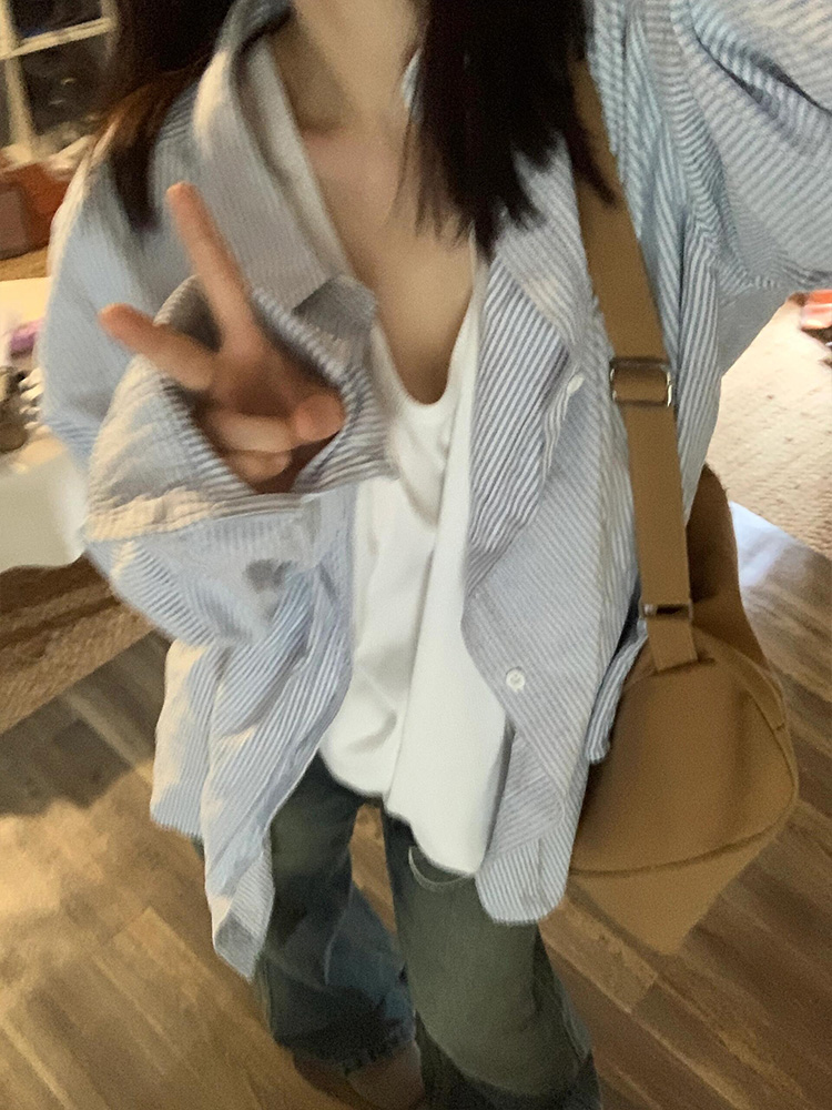 柄シャツ 柄シャツ 爽やか細ストライプゆったりシャツ