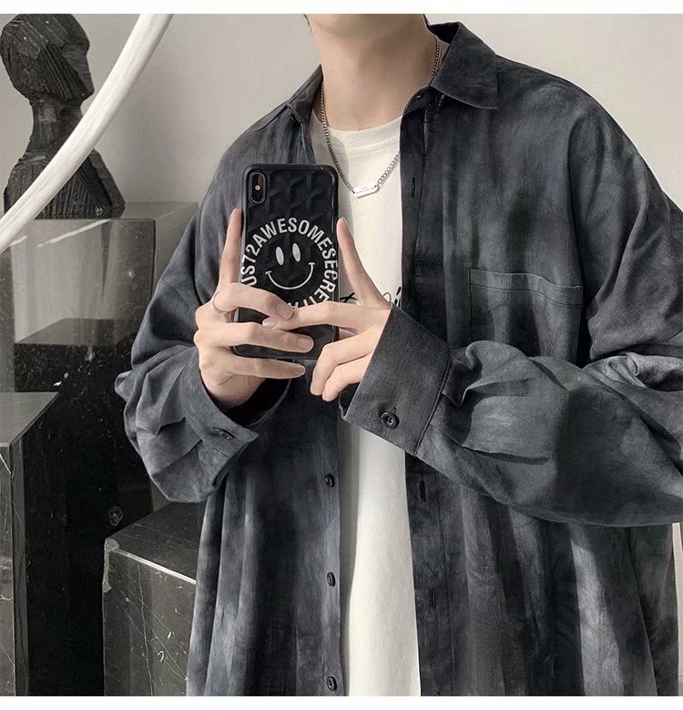 柄シャツ ムラ染め風ビッグシルエット長袖シャツ