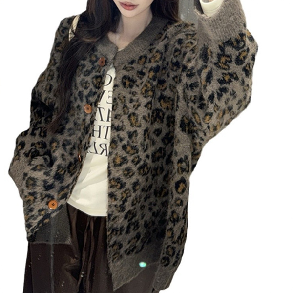 ヒョウ柄シャツ カーディガン ニット ボリューム袖 グレー