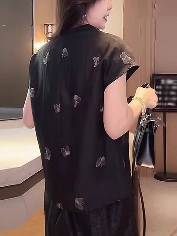 柄シャツ 舞い踊る蝶々柄チャイナトップス