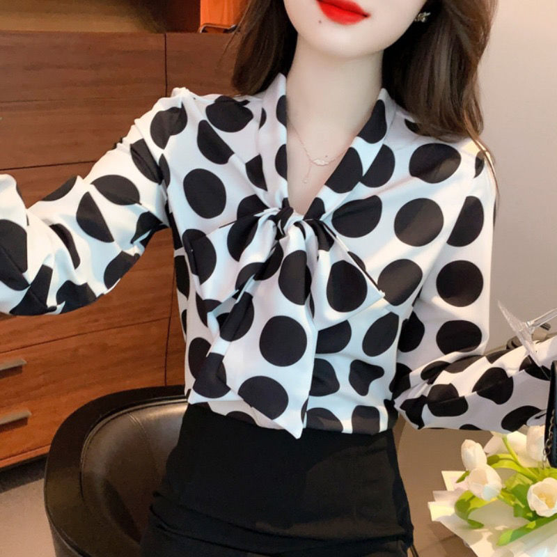 柄シャツ リボン結び水玉プリント柄シャツ