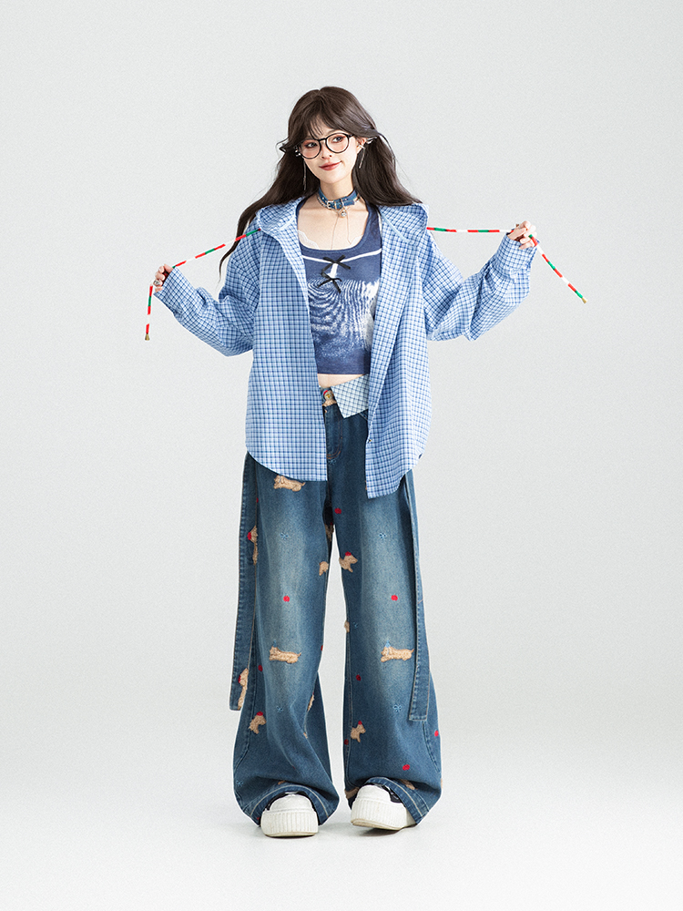 柄シャツ フード付きチェック格子柄シャツ