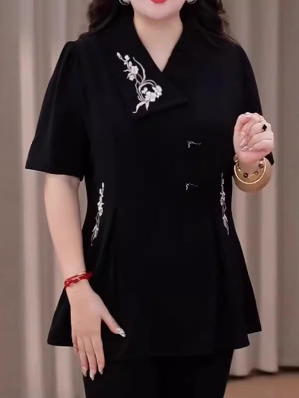 柄シャツ 花刺繍デザイン ショートブラウス