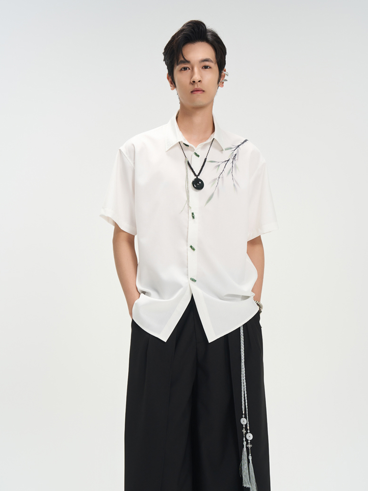 柄シャツ 柄シャツ 繊細枝模様 半袖シャツ