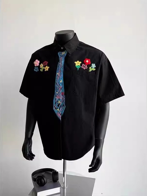 柄シャツ 花刺繍ネクタイデザイン半袖シャツ