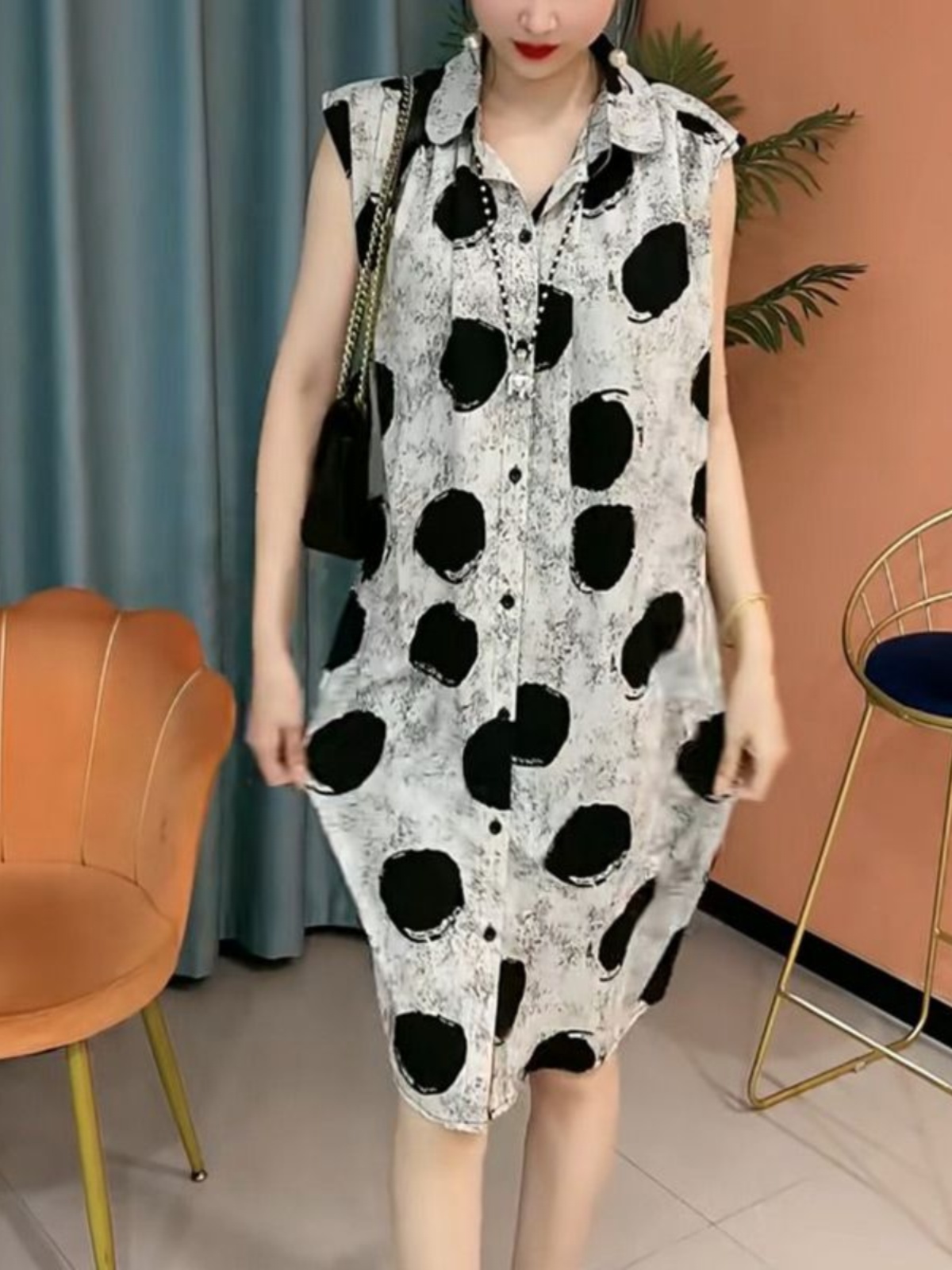 柄シャツ 芸術的水玉ノースリーブシャツワンピース