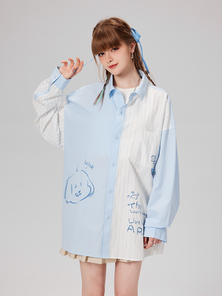 柄シャツ 柄シャツ わんこイラスト切替デザインシャツ