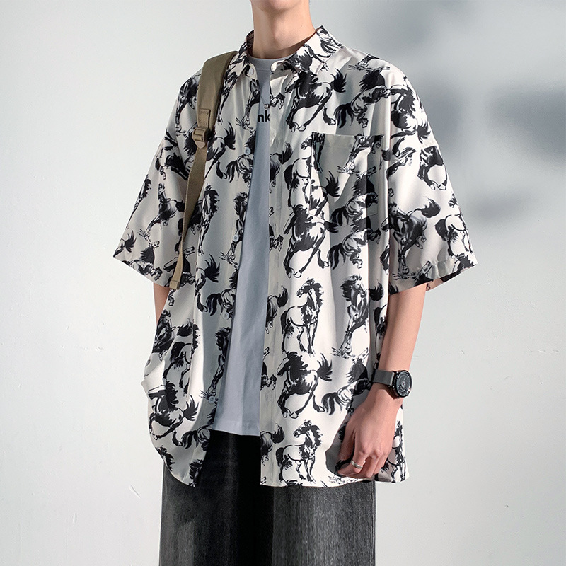 柄シャツ 和風龍柄総柄開襟五分袖シャツ