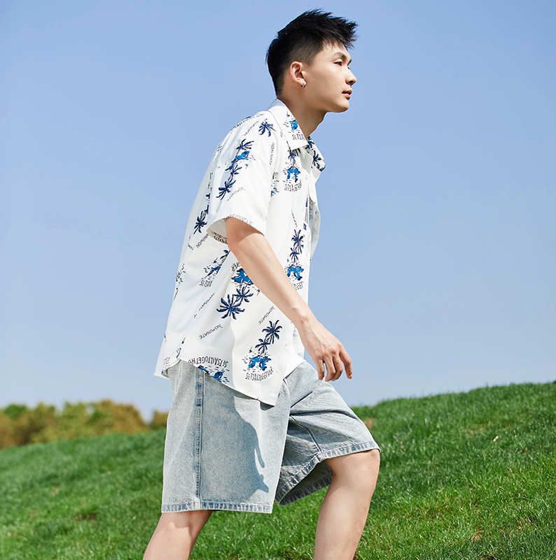 柄シャツ 南国やしの木プリント半袖シャツ