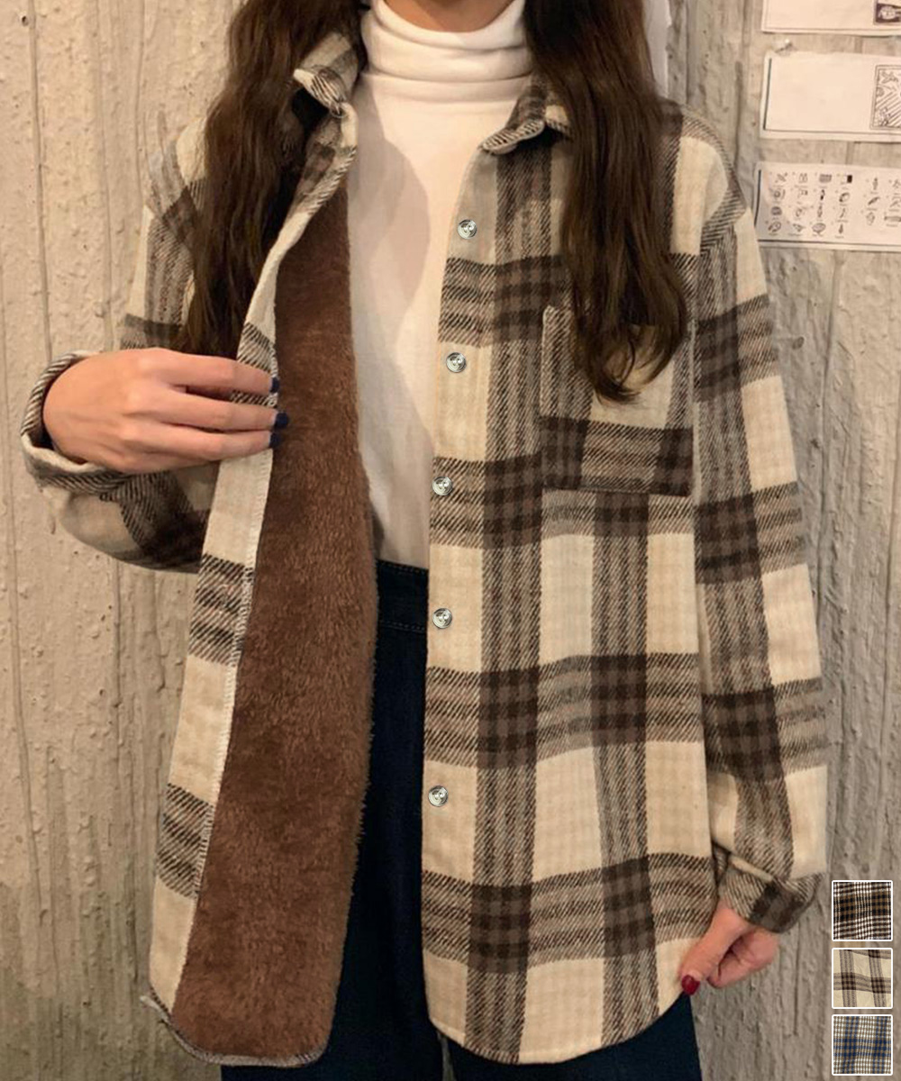 裏起毛チェック柄シャツジャケット ゆったり長袖