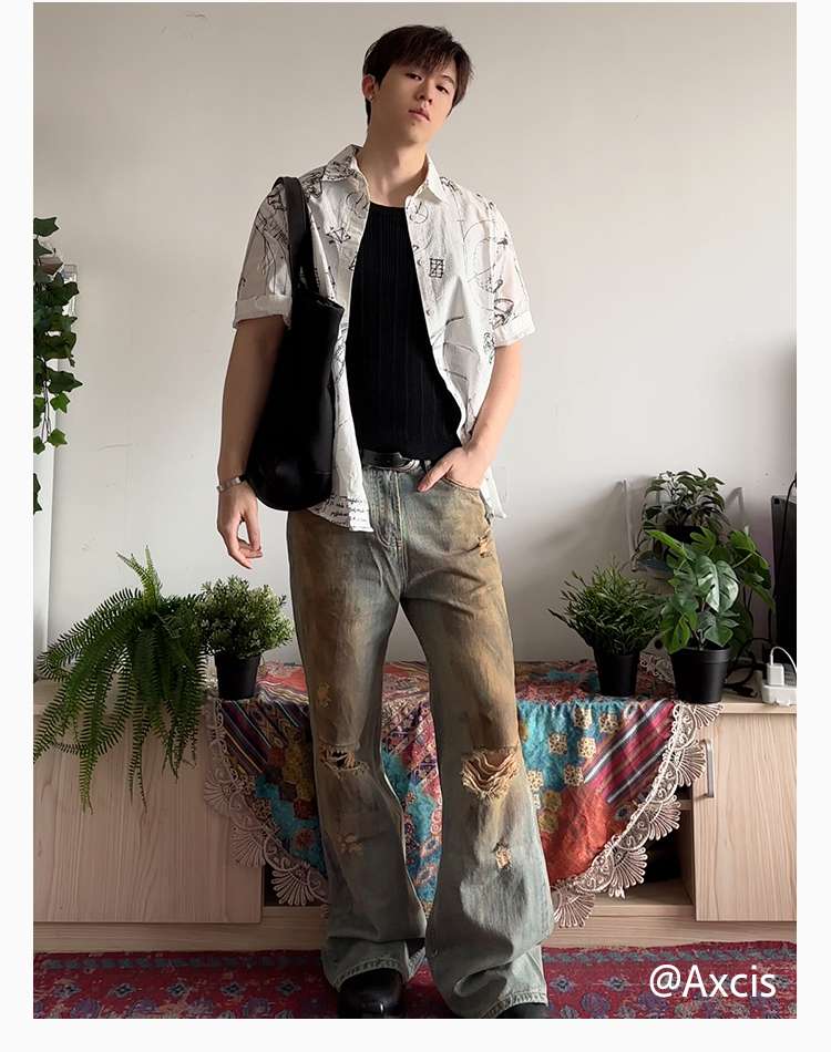 総柄シャツ　幾何学模様プリント柄シャツ